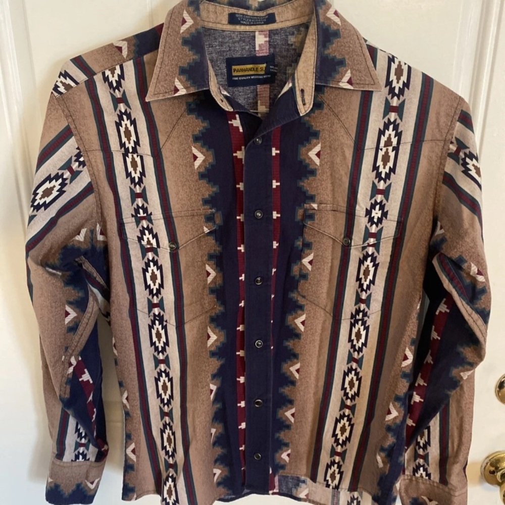 Pan Handle Slim Western Shirt Mens Size Medium Pearl Snap Aztec Southwest